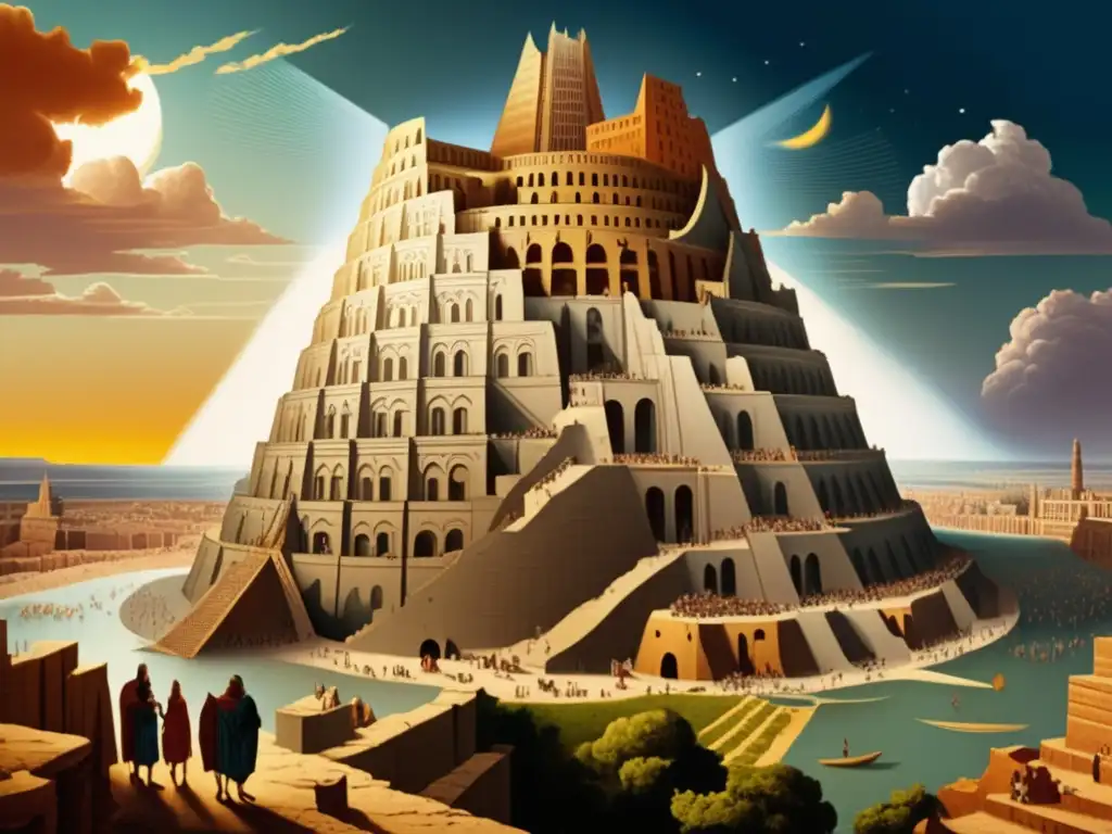 La Torre de Babel: ¿Leyenda Bíblica o Descubrimiento Lingüístico?- Ilustración vintage de la Torre de Babel rodeada de un atardecer vibrante