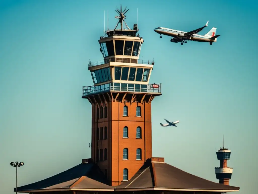 Control tower de aeropuerto con avión despegando Navegación aérea: Instrumentos y tecnologías que hacen posible volar