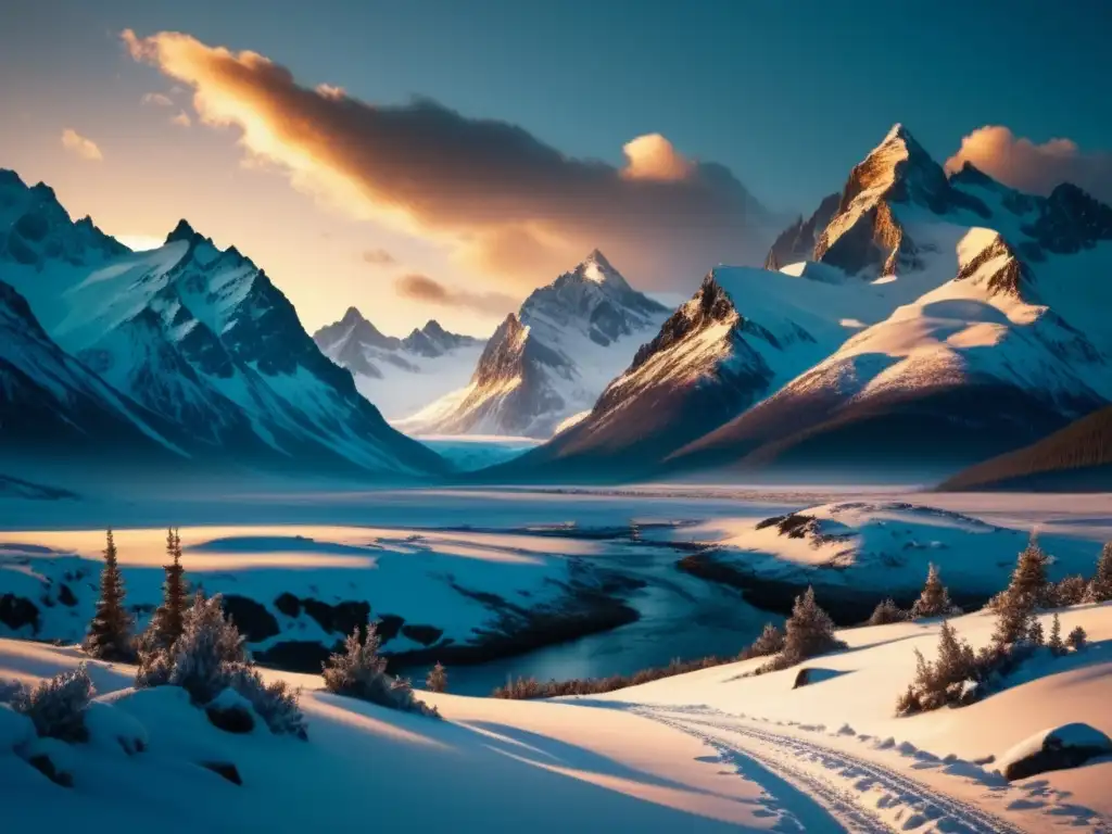 Epopeya de Baranov: paisaje nevado vintage en la Travesía Siberiana a Alaska