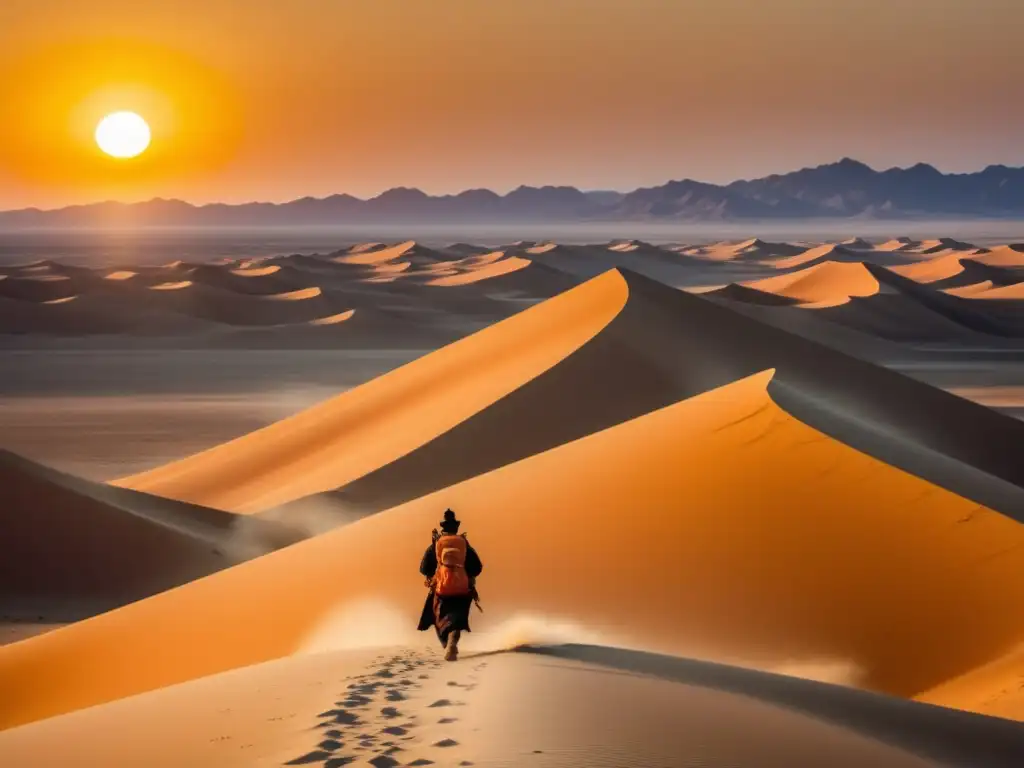 Imagen del desierto del Gobi con sus dunas doradas y un viajero solitario en la Ruta de la Seda