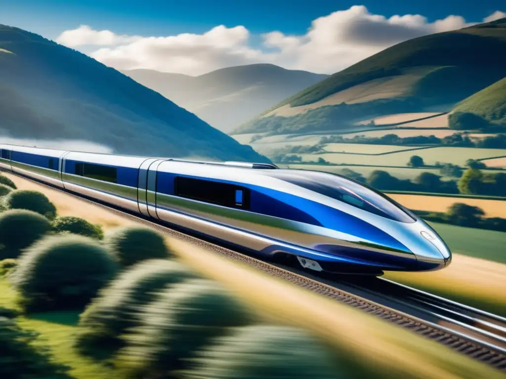 Tren magnético futurista en paisaje verde Tren de levitación magnética, diseño elegante y futurista