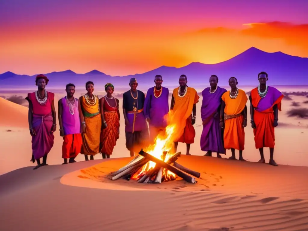 Tribus nómadas en el desierto africano, atuendos tradicionales y campamento alrededor de una fogata - Misteriosas civilizaciones de África