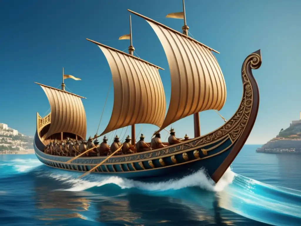 Trireme griega navegando en el mar Las Naves de la Antigua Grecia: Triremes y Quinquerremes navegando en el Mediterráneo, poder y elegancia histórica