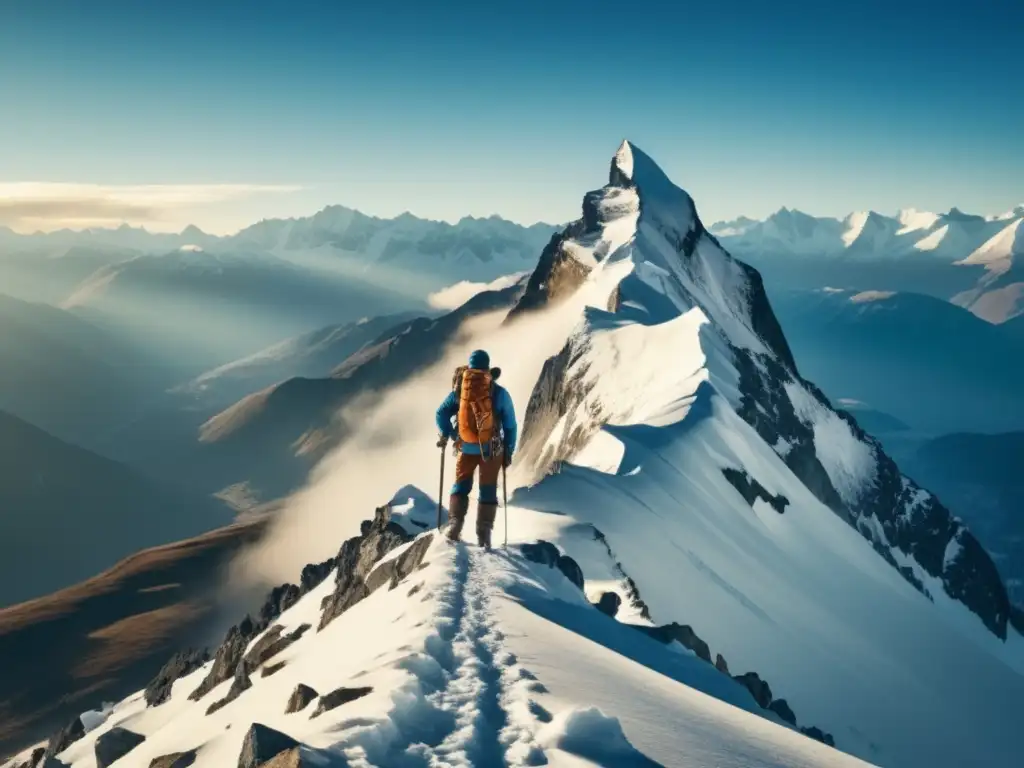 Montañero triunfante en cumbre nevada, evocando la belleza y desafío de altitudes extremas