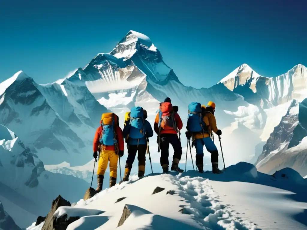 Grupo de montañeros triunfantes en el pico nevado de Mount Everest, con paisaje espectacular y expresiones de agotamiento y euforia