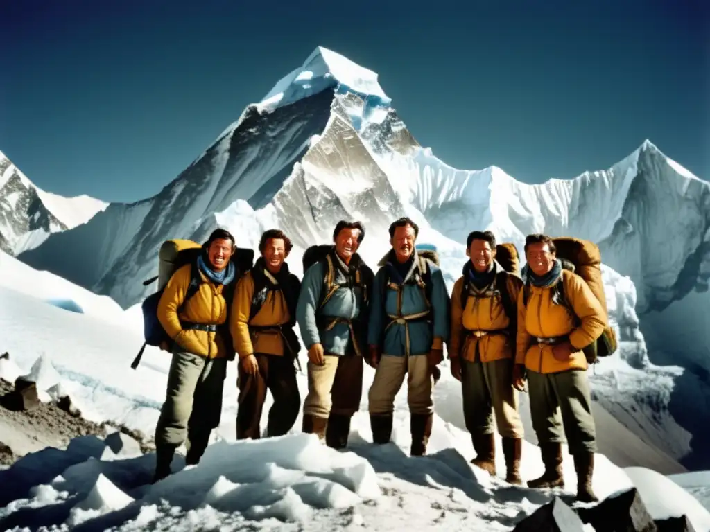 Grupo de exploradores triunfantes en la cima del Everest