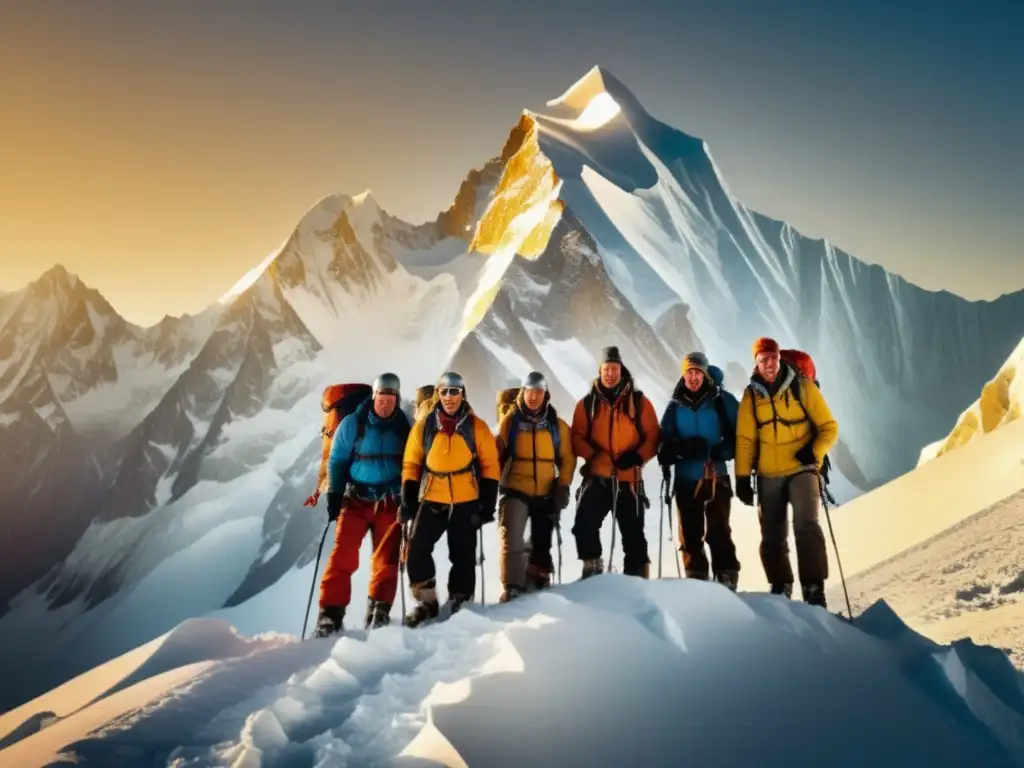 Triunfante grupo montañistas en cumbre nevada de Gasherbrum II