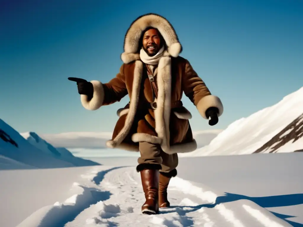 Matthew Henson triunfante en paisaje polar, vestido con ropa Inuit tradicional, sosteniendo brújula hacia Polo Norte