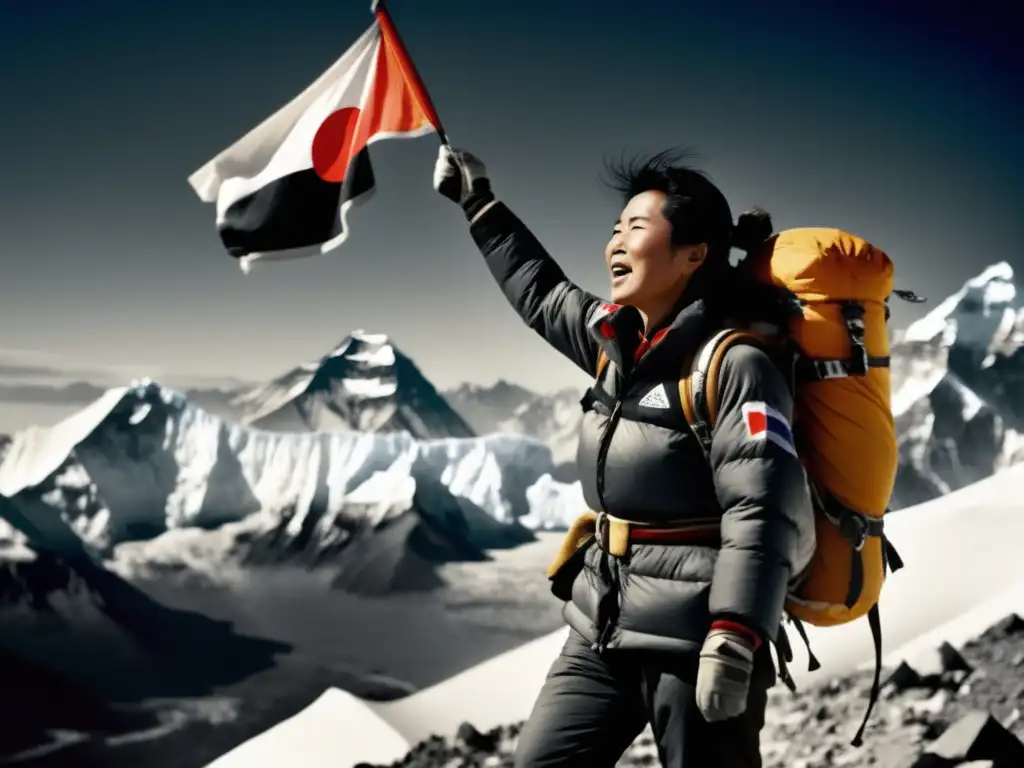 Triunfo en la cumbre: Junko Tabei en el Everest Junko Tabei: La mujer que conquistó el Everest - Foto vintage de Junko Tabei triunfante en la cima de la montaña