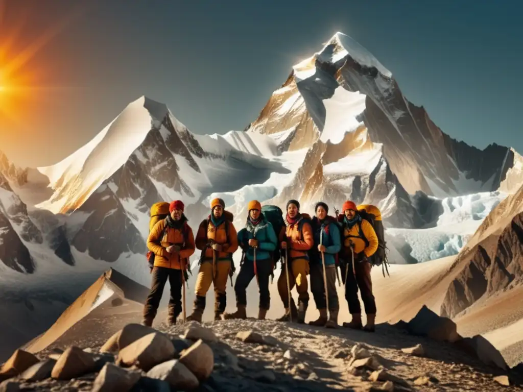 Triunfantes montañeros en la cima de Gasherbrum II, con el majestuoso Himalaya de fondo