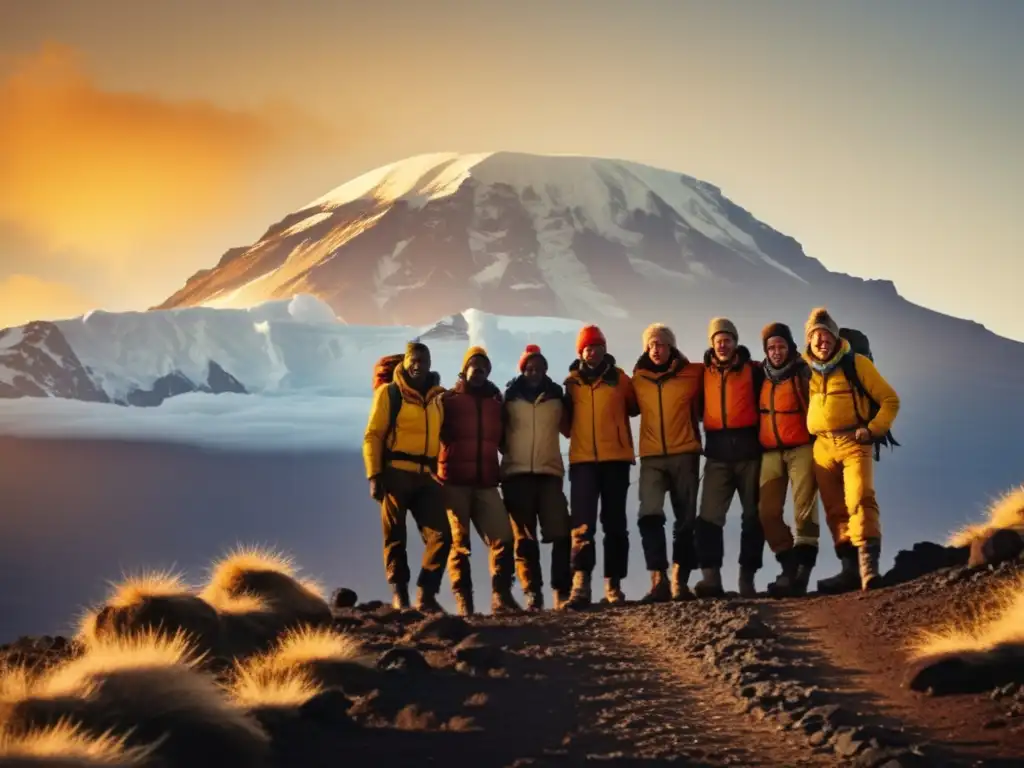 Conquista del Kilimanjaro: Grupo de montañistas en la cumbre, el sol dorado ilumina el paisaje africano y las emociones