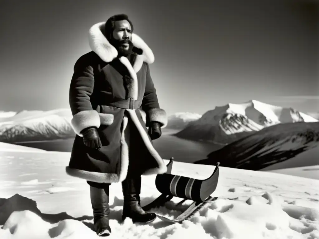 Fotografía en blanco y negro de Matthew Henson triunfante en la exploración polar