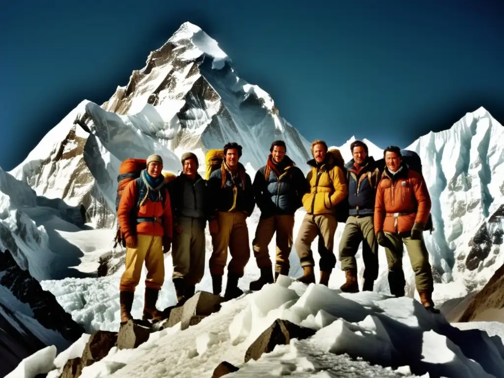 Conquistadores del K2 en una imagen vintage de montañeros triunfantes en la cima - Expediciones a la cima del mundo: El K2 y sus conquistadores