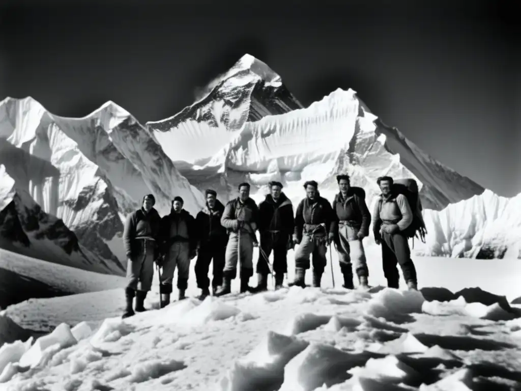 Expedición al Everest: Grupo de montañistas en la cumbre, con la majestuosidad del pico y la rivalidad histórica entre Suiza y Reino Unido