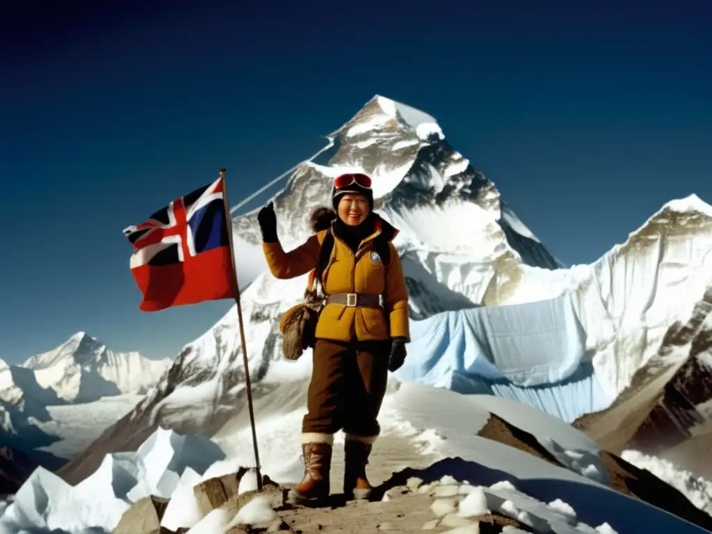 Triunfo en la cima del Everest Junko Tabei: La mujer que conquistó el Everest - Una imagen vintage de Tabei en la cima, con banderas internacionales y el imponente Everest de fondo