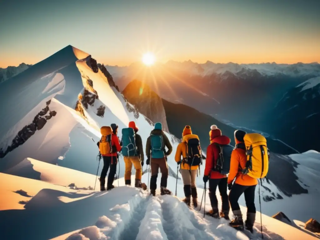 Grupo de montañistas en la cima de una montaña nevada, con el sol poniéndose en el fondo