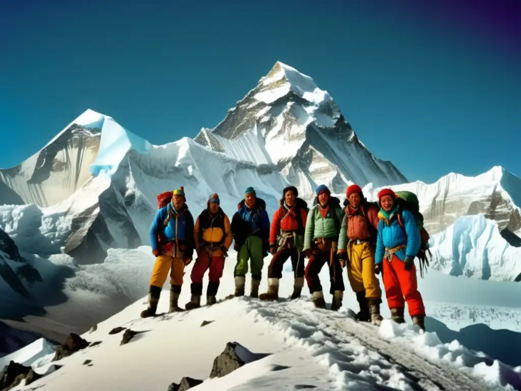 Ascenso a la cima del mundo: Everest, montañeros victoriosos en la cumbre nevada, panorama Himalaya (110 caracteres)