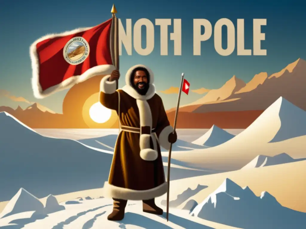 Matthew Henson en el Polo Norte, vestido con ropa Inuit y una bandera con 