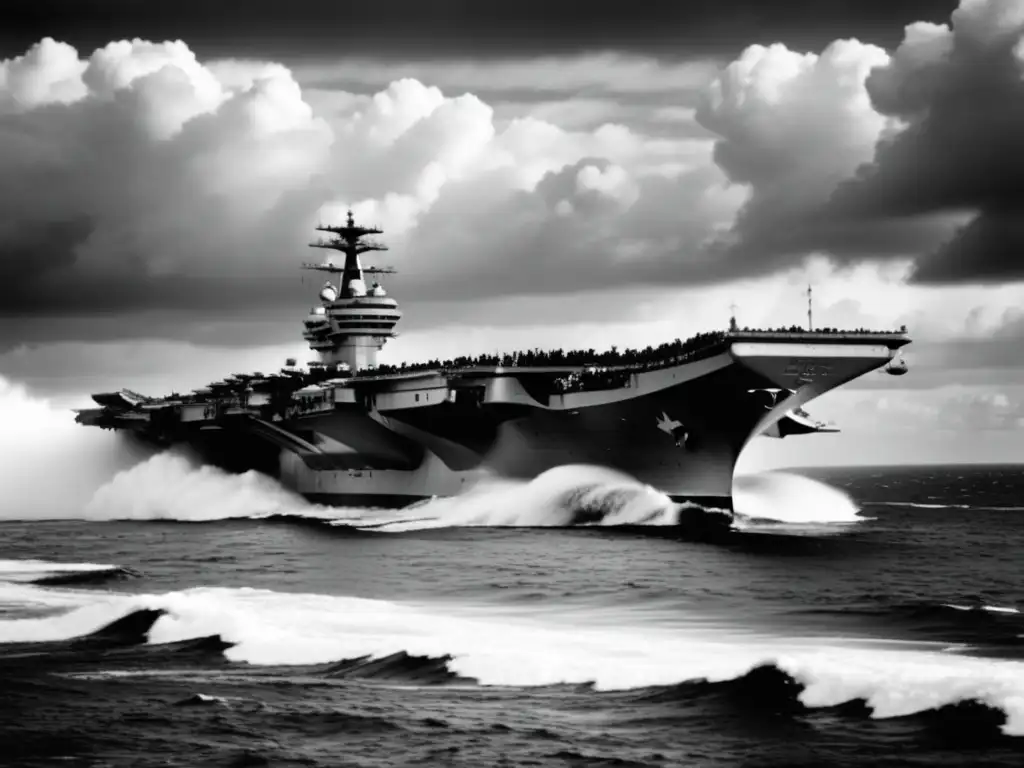 El USS Enterprise: Fotografía en blanco y negro del portaaviones más grande del mundo, con premios y bandera estadounidense