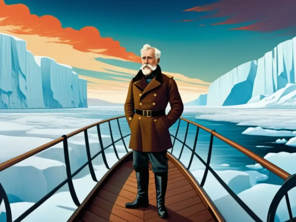 Fridtjof Nansen en el Ártico: ilustración vintage de Nansen en el barco Fram rodeado de paisaje ártico con auroras boreales