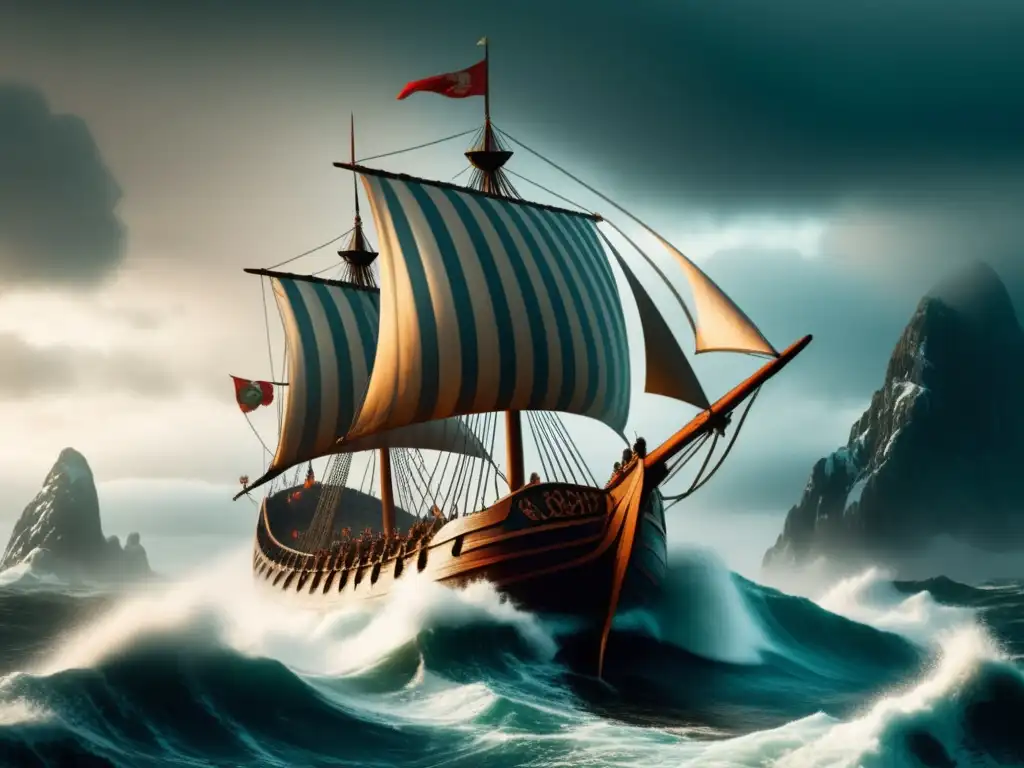 La valentía vikinga: Leif Erikson y la conquista de lo desconocido en una imagen de un majestuoso barco vikingo rodeado de niebla y acantilados