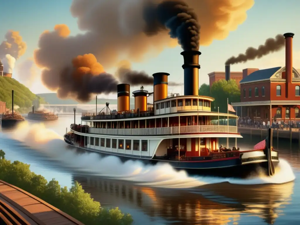 Belleza nostálgica: Vapor antiguo navegando en un río animado Buque de vapor histórico navegando en un río bullicioso, reflejando la era de los primeros barcos a vapor