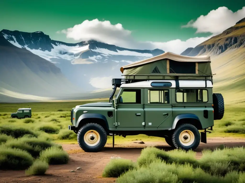 Vehículo expedición vintage, Land Rover Defender 1960s, verde y blanco, tecnología en terrenos rugged