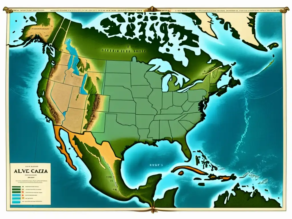 El legado de Cabeza de Vaca: Rompiendo las barreras de lo desconocido - Mapa vintage de Norteamérica con ruta del explorador y paisajes detallados