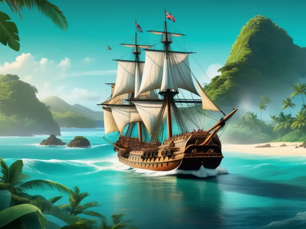 Viaje de James Cook al Pacífico: ilustración detallada en 8K de la expedición, con el HMS Endeavour navegando en aguas turquesas y paisajes tropicales