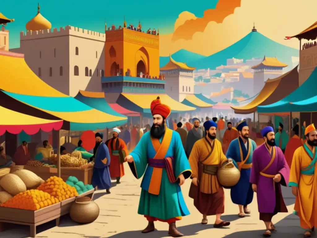 Marco Polo en vibrante mercado oriental: descubriendo el Oriente y abriendo puertas al mundo occidental