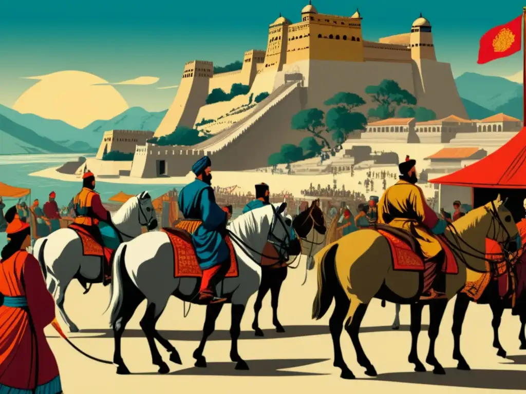 Ilustración vintage de Marco Polo en la Ruta de la Seda, impacto en relaciones Oriente y Occidente