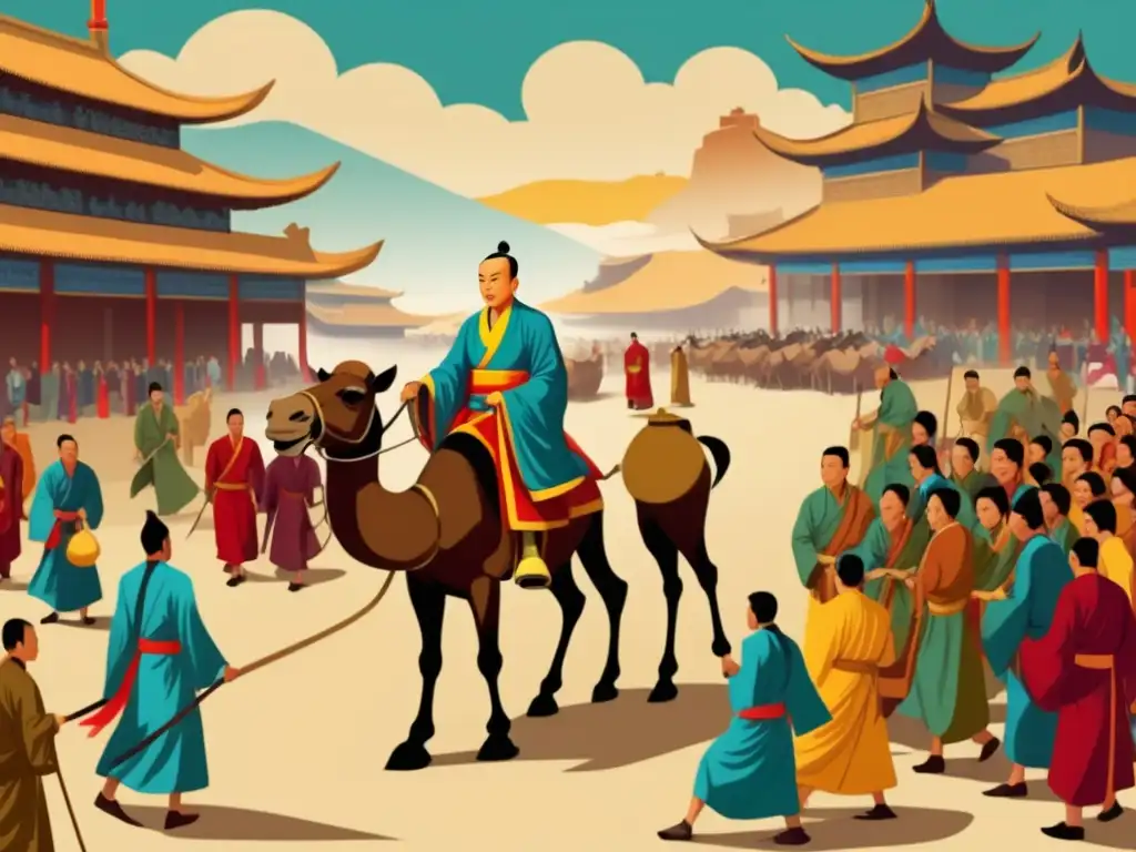 Xuanzang, monje budista chino, emprende viaje por la Ruta de la Seda en ilustración vintage