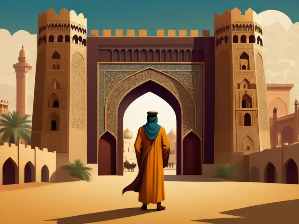 Ilustración vintage de Ibn Battuta frente a una majestuosa puerta medieval, mostrando su espíritu de exploración y documentación de viajes