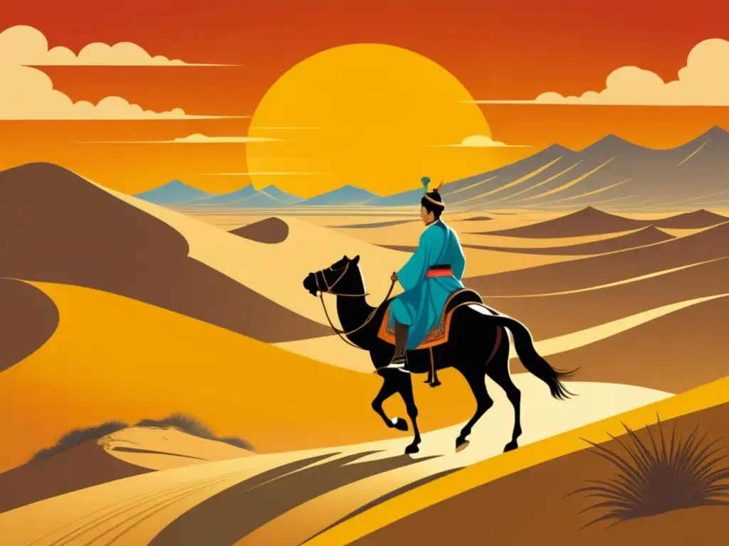 Ilustración vintage del épico viaje de Xuanzang por la Ruta de la Seda