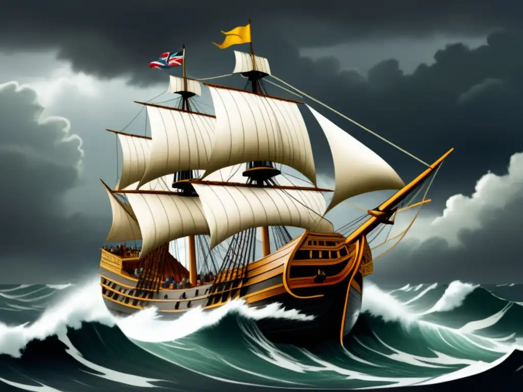 Travesía del Mayflower: Peregrinos enfrentando el desafío de los mares turbulentos, con nubes oscuras y velas al viento