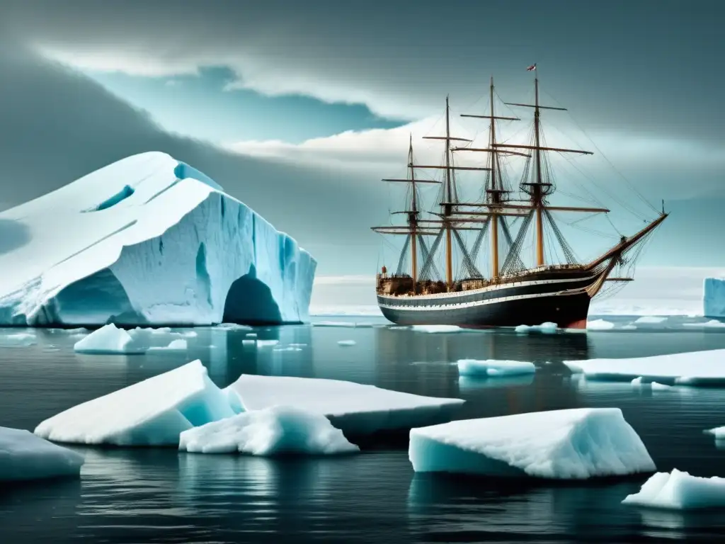 Paisaje ártico con icebergs flotando y un barco similar al de Henry Hudson navegando hacia el horizonte