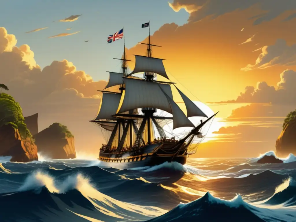 Viaje James Cook Pacífico: Exquisita ilustración vintage del HMS Resolution navegando majestuosamente en el océano Pacífico, con James Cook al mando