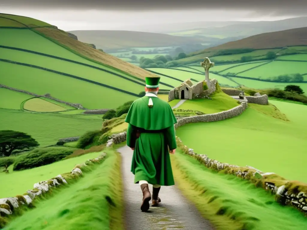 Paisaje irlandés con ruinas celtas y figura de San Patricio en su viaje transformador