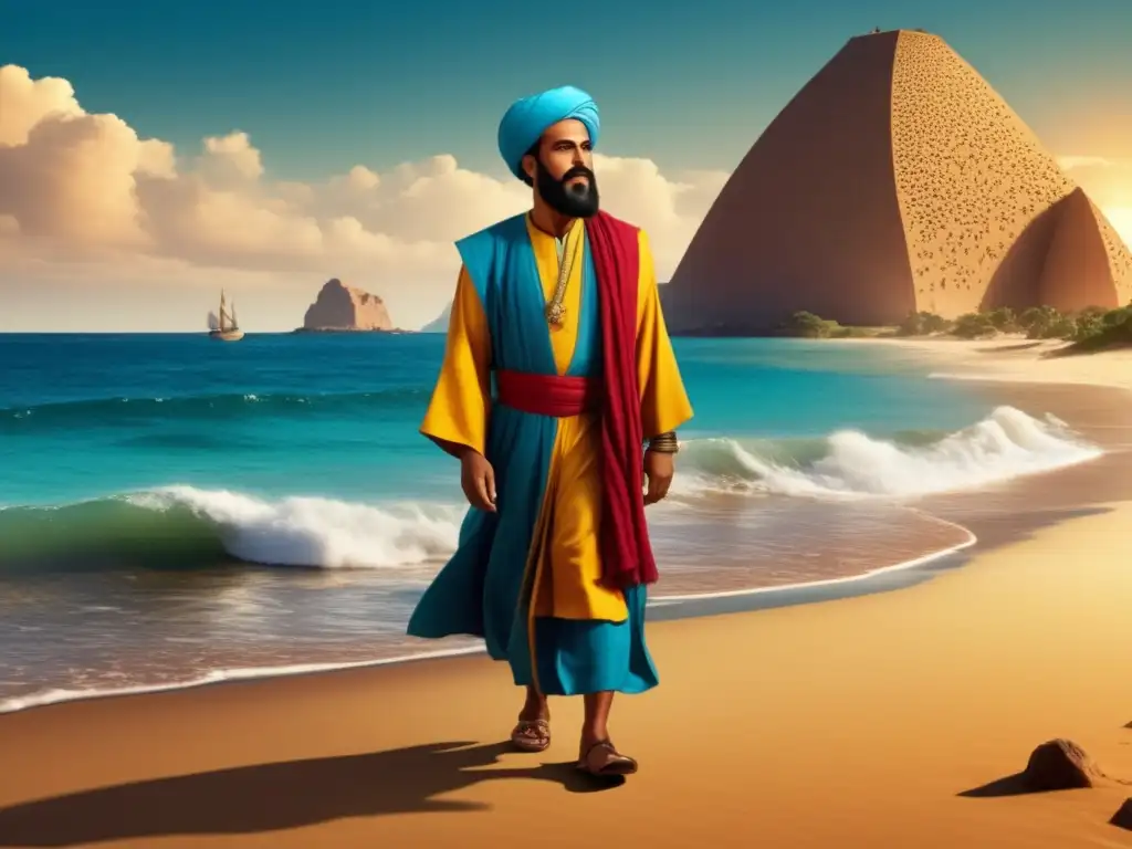 Ibn Battuta en las costas de África: una ilustración vintage con paisaje africano y atardecer vibrante-