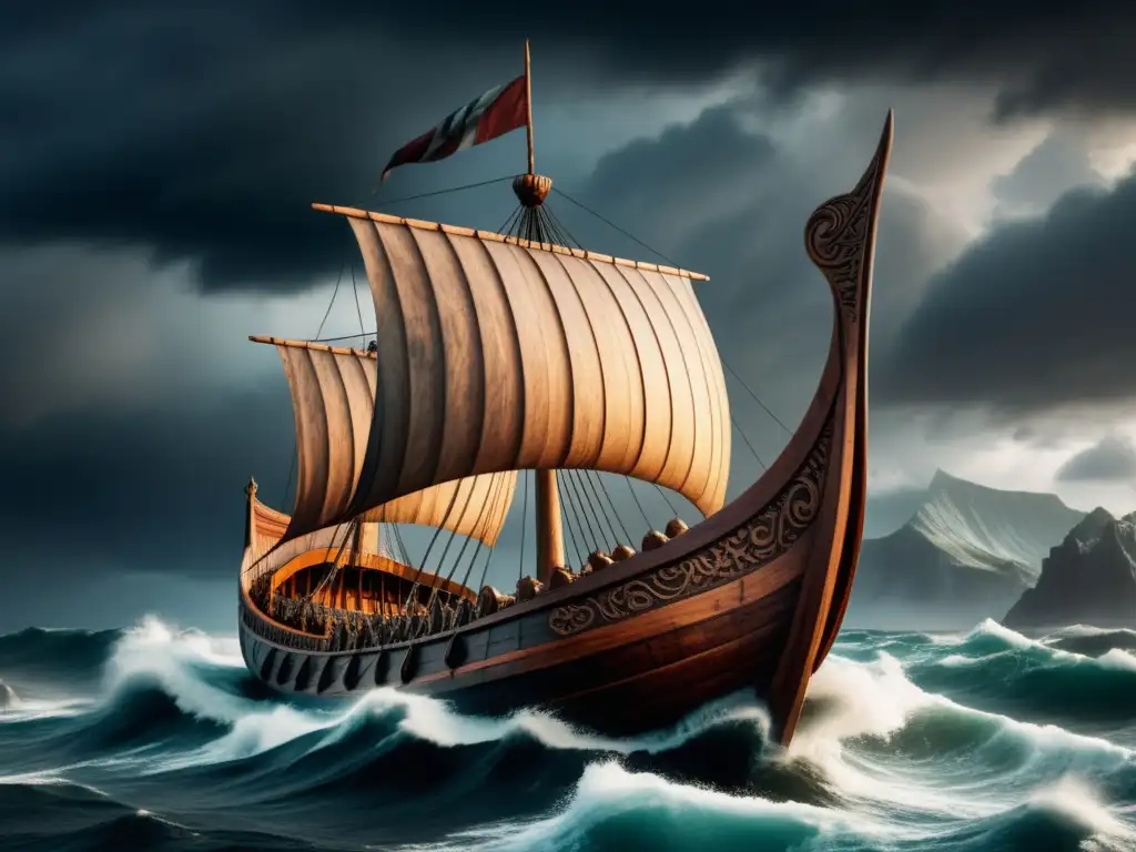 Imagen de un Vikingo navegando en un barco antiguo durante expediciones vikingas, con cielos tormentosos y acantilados imponentes