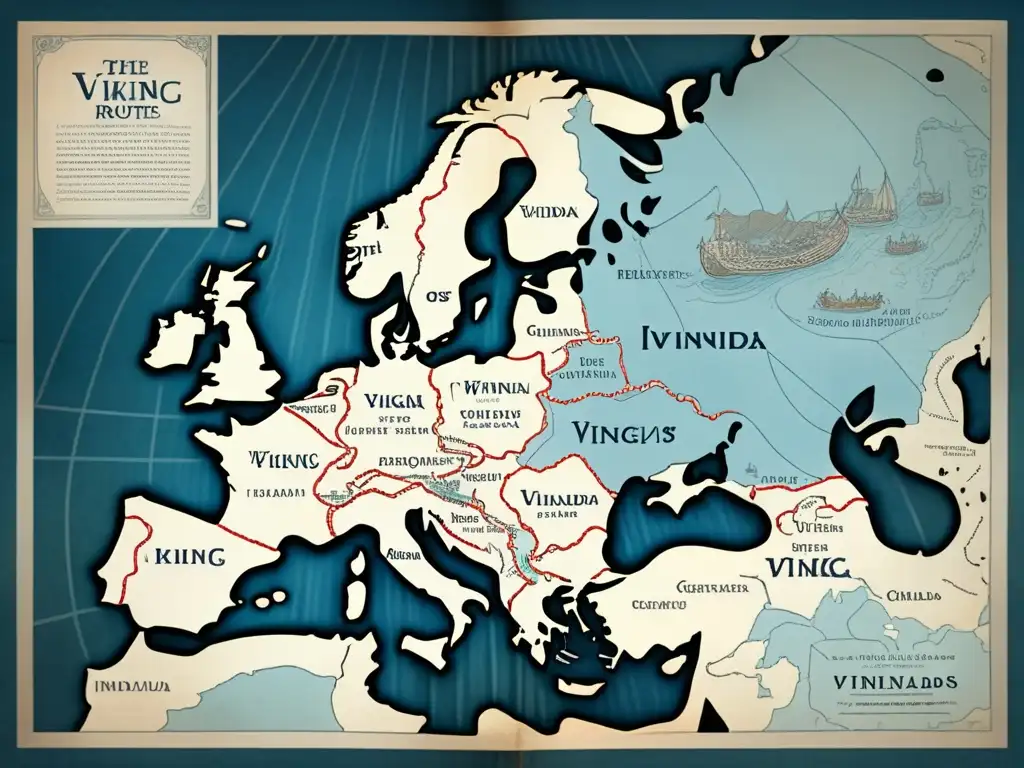 Mapa vintage de rutas vikingas: viajes vikingos, descubrimientos y aventuras en detalle