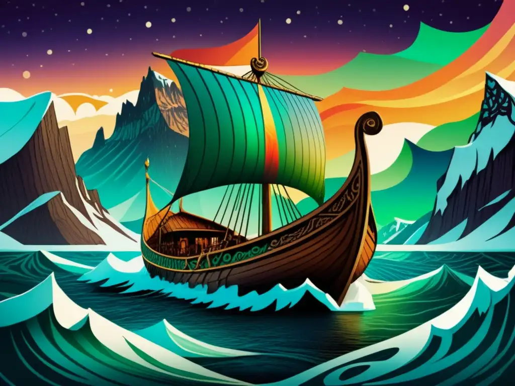 Ilustración de un barco vikingo en aguas heladas, con montañas y auroras boreales al fondo