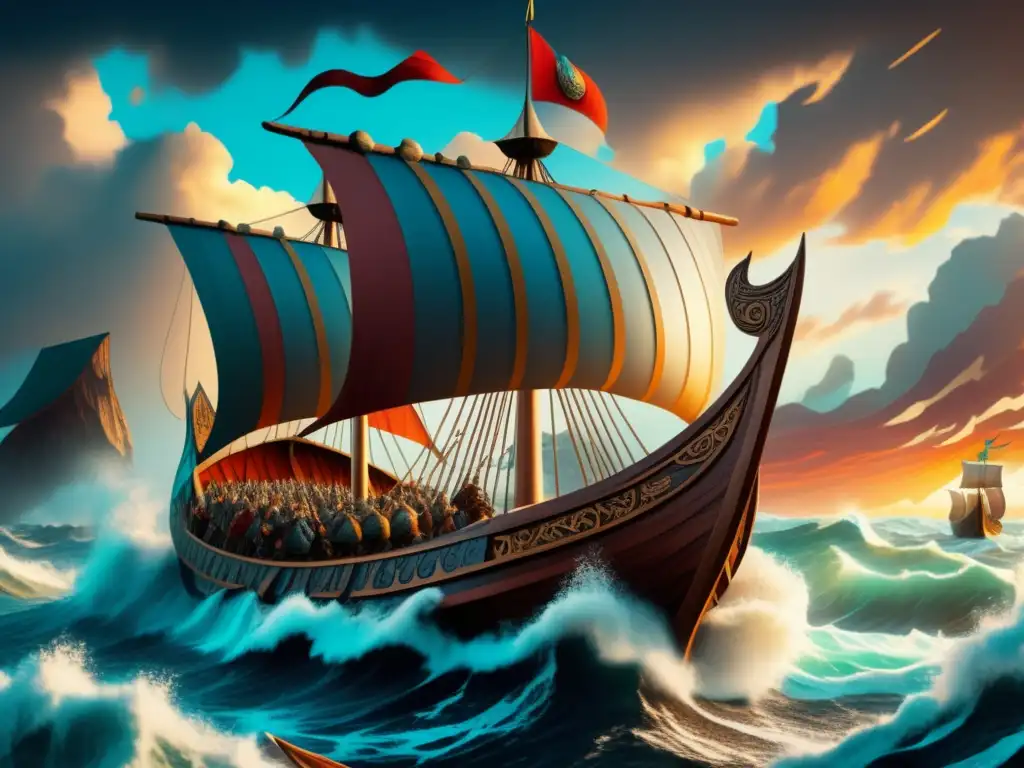 Ilustración vintage de un majestuoso barco vikingo navegando por mares turbulentos bajo un cielo dramático