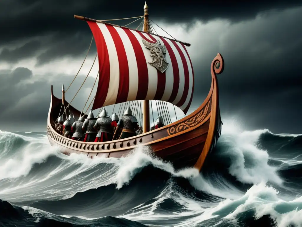 Conquista vikinga: Navegación tempestuosa de un barco vikingo con guerreros determinados enfrentando olas y nubes oscuras