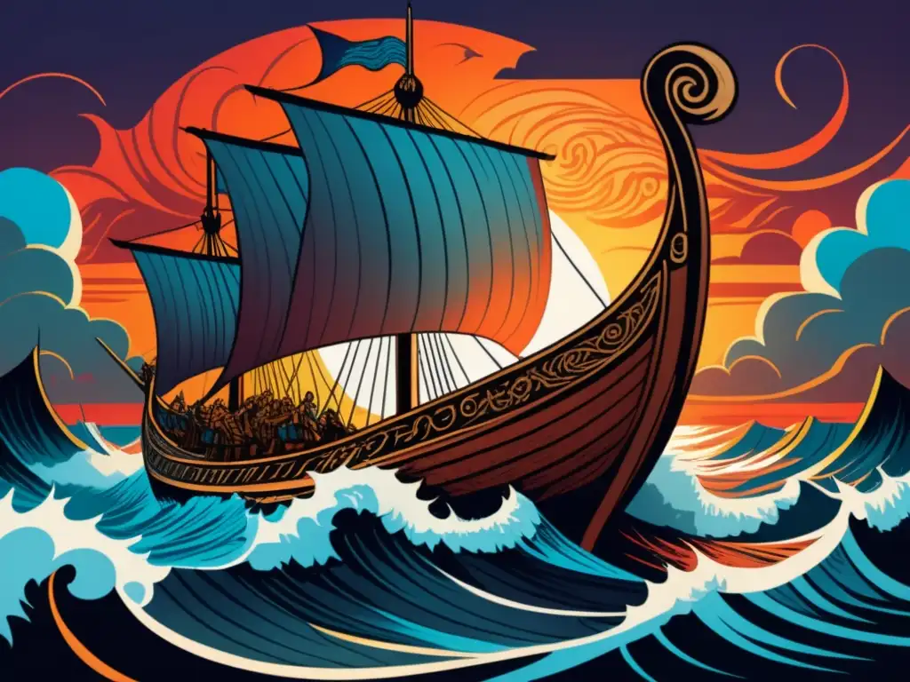 Ilustración vívida vintage de una embarcación vikinga surcando mares turbulentos al atardecer