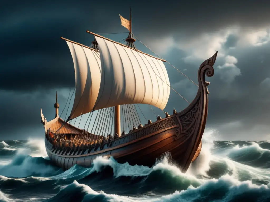 Las expediciones vikingas: Aventura en un mar tormentoso con un barco decorado y velas ondeando