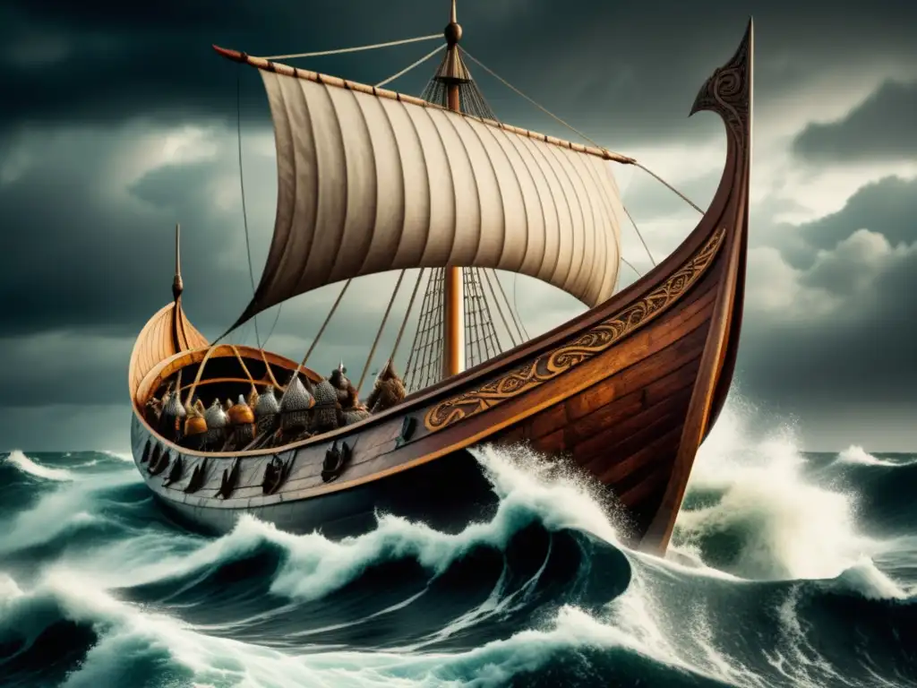 Viaje vikingo en barco por mares agitados, tripulación valiente, paisajes misteriosos y desafiantes