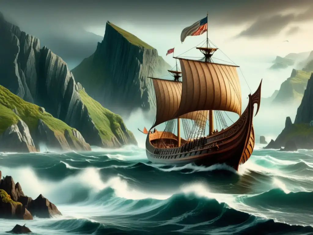 Revelando secretos: La verdadera ruta de las expediciones vikingas en América- Ilustración vintage detallada del viaje vikingo a América