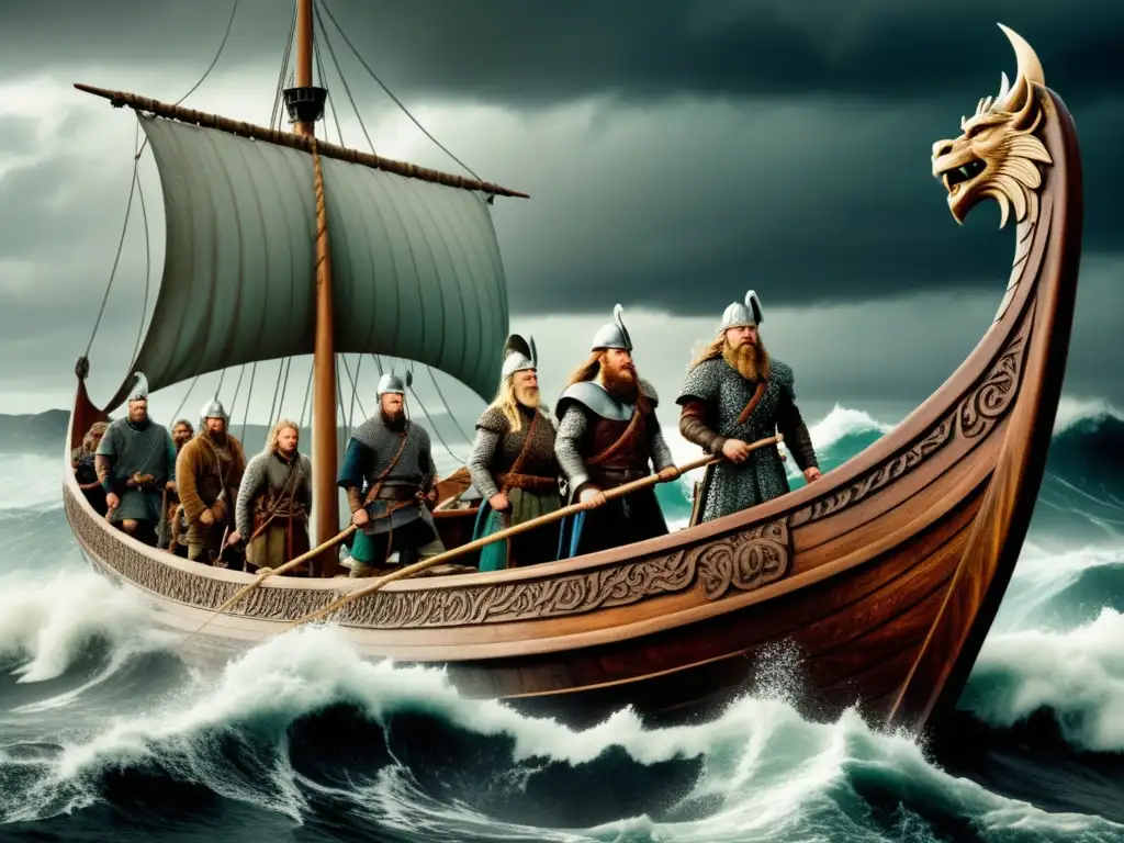 La valentía vikinga: Leif Erikson y la conquista de lo desconocido - Exploradores vikingos en un barco largo, enfrentando olas y cielos tormentosos