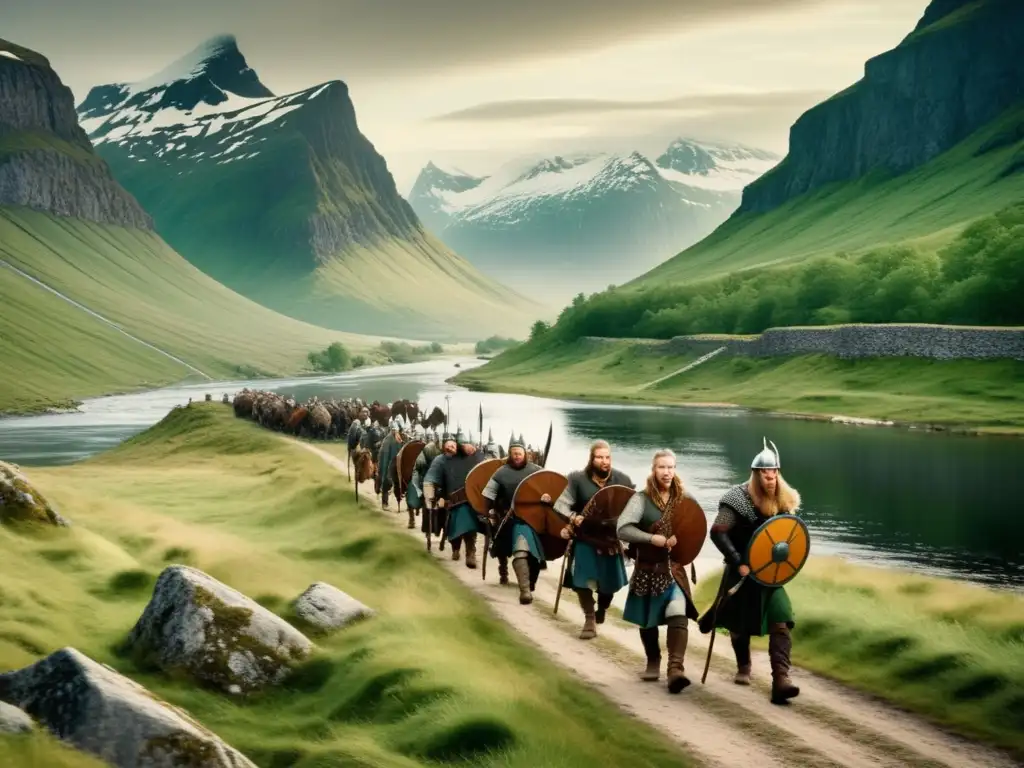 Rutas terrestres vikingas: Guerreros vikingos marchan en paisaje escandinavo con montañas nevadas y ríos